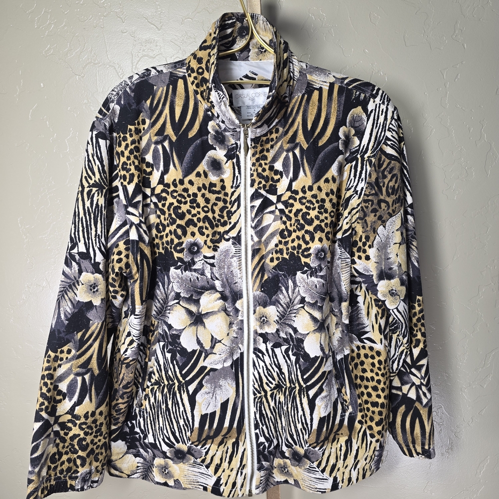 Casual Corner Black Gold Tropical Floral Animal Print Bomber Jacket 100% Silk
